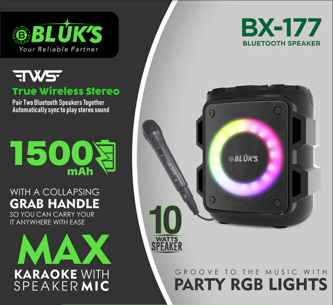 BX-177 | With Mic | Echo Mode | Deep Bass | |EQ | Leds | Wireless Blue Tooth Speaker