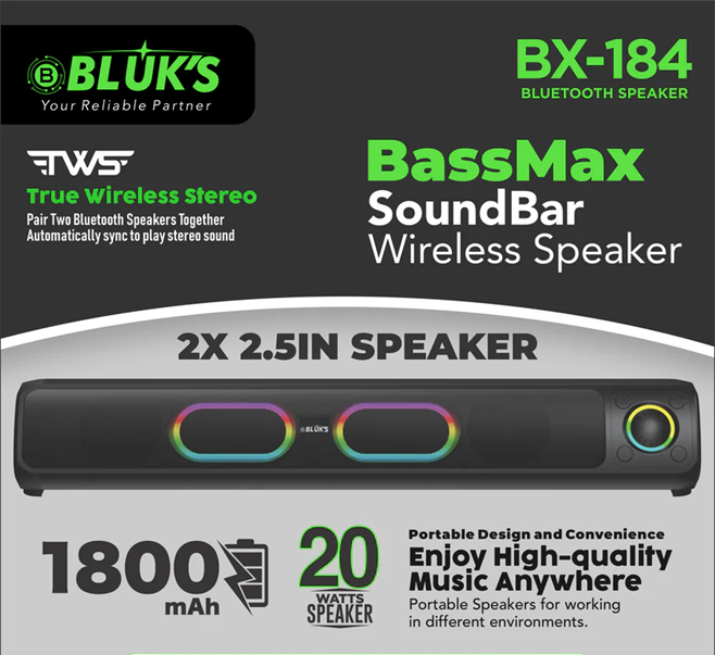 BX-184 | Deep Bass | Sound Bar | Led Lights | Volume Knob | Wireless Speaker
