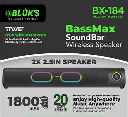 BX-184 | Deep Bass | Sound Bar | Led Lights | Volume Knob | Wireless Speaker